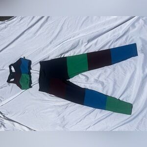 Tory Burch Colorblock Leggings and Top Set - Black, Green, Blue